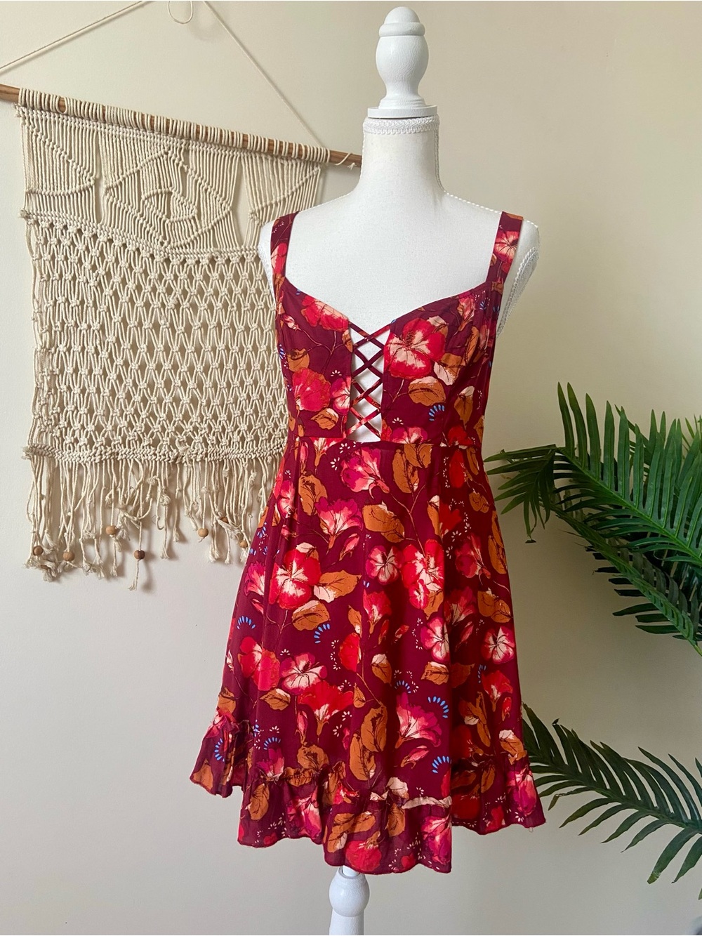 Free People Intimately Lattice Lovers Floral Slip Dress XS Boho Rayon